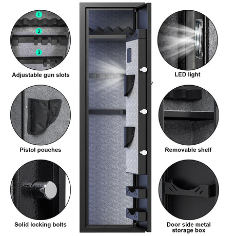 Omethey Fireproof Gun Safe, 5 Gun Heavy Biometric Fingerprint Rifle Safe, Gun Safes for Home Rifle and Pistols with LCD Screen Keypad and Silent Mode, 3 Adjustable Gun Slots Omethey