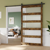 Bestier 48in x 84in Farmhouse Glass Barn Door with 8ft Hardware Kit & Handles, MDF Barn Door Covered with Water-Proof & Scratch-Resistant PVC Surface, Easy Assembly, 5-Panel, Rustic Brown Bestier