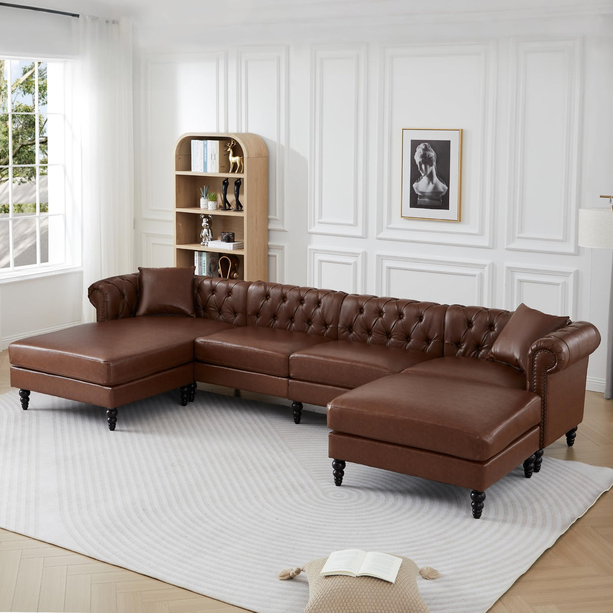 U Shaped Chesterfield Sofa, Oversized Sectional Faux Leather Couch, Chaise Ottoman Sofa Upholstered Accent Tufted Couch with Rolled Armrest and Nailhead for Living Room, Office - Brown ORRD