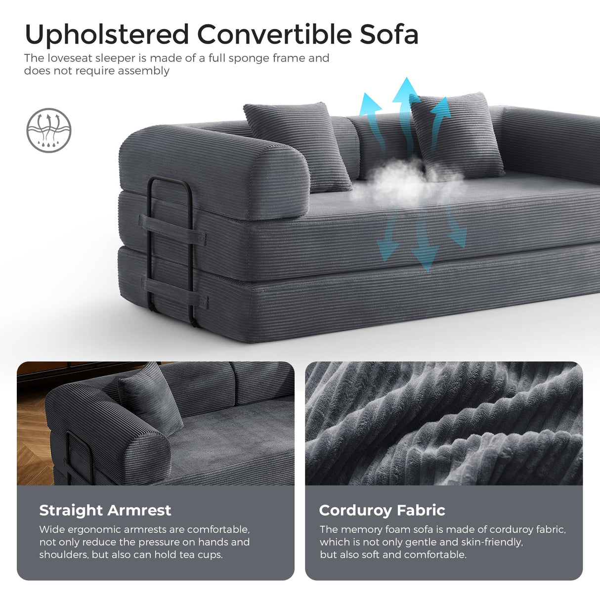 79" Convertible Sofa Bed with Fixed-Shape Frame & Removable Armrests, Modular Corduroy Sleeper Sofa, Folding Mattress Couch for Small Spaces - No Assembly Needed in Dark Gray (Includes 2 Pillows) SAVENICA