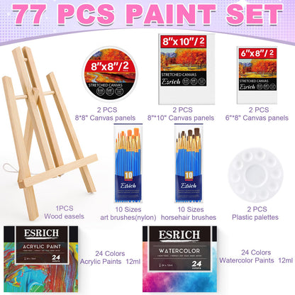 ESRICH 77PCS Professional Painting Set, Acrylic Paint, Watercolor Paint, with 1 Wood Easel, 48Colors, Brushes, Canvases, Painting Supplies Kit for Kids,Students, Artists and Beginner