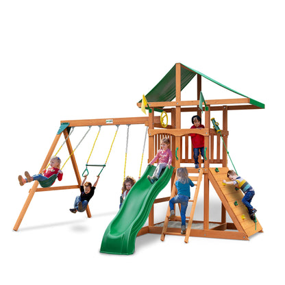 Gorilla Playsets 01-1076 Avalon Wooden Swing Set with Oversized Green Vinyl Canopy Roof, Climbing Wall, Ladder, Swings and Slide - WoodArtSupply