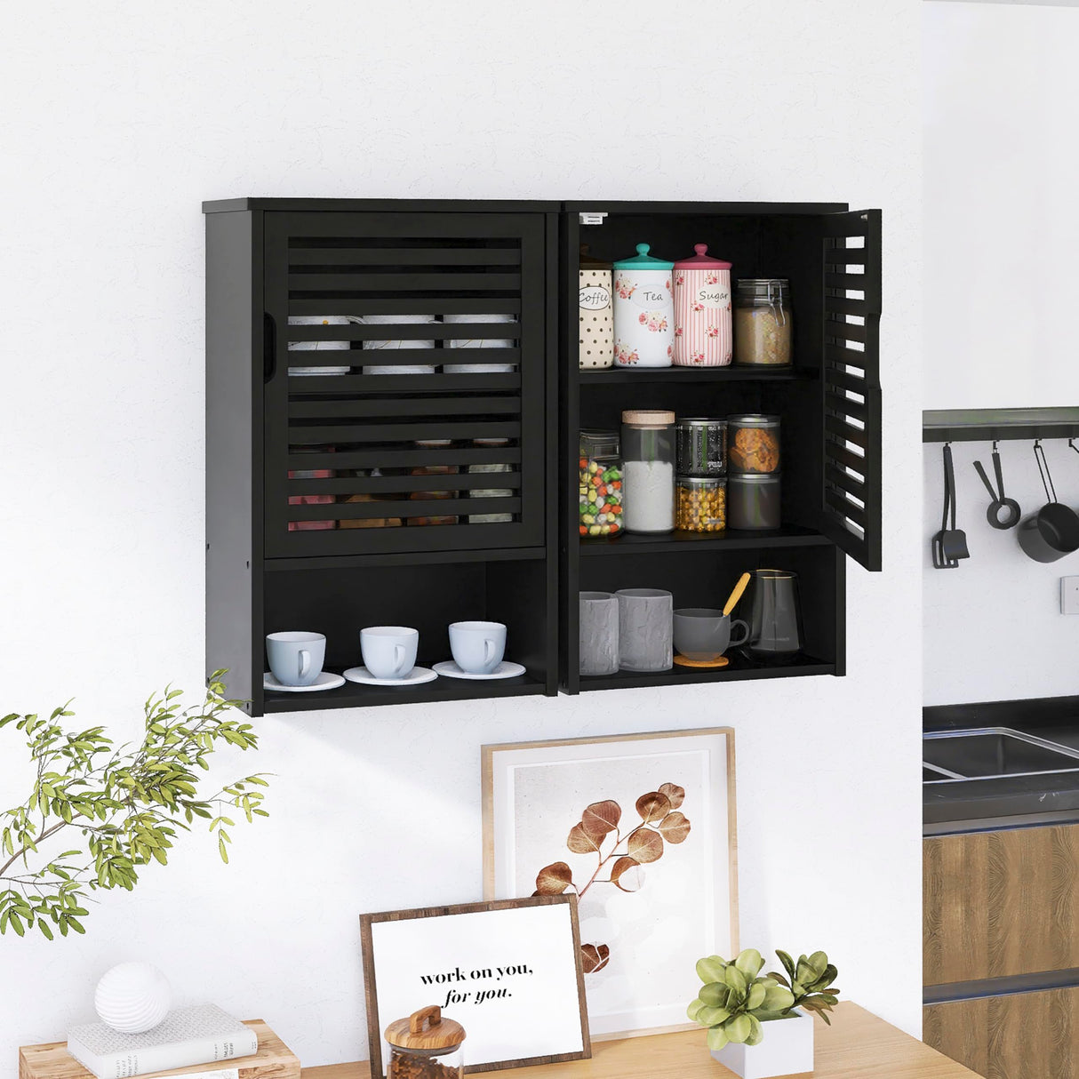 HITNET Bathroom Storage Cabinet Wall Mounted, Hanging Medicine Cabinet with Adjustable Shelf, Over The Toilet Space Saver Organizer, Black Bamboo Kitchen Cupboard, Single Door HITNET