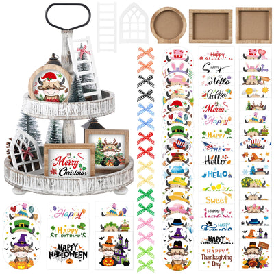 48 Pcs Interchangeable Seasonal Tiered Tray Decor Set Farmhouse Holiday Fall Halloween Tiered Decorations Include Wood Frames with Ladders Cards Bow Knot (New Color,Highland Cow)