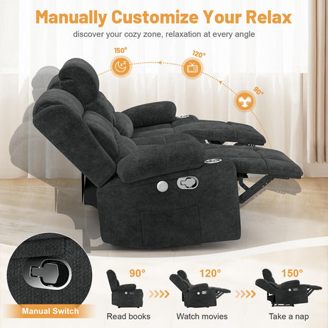 Dresegmt Loveseat Recliner Sofa, Flip Middle Backrest Design 3 Seat Reclining Sofa with Storage Drawer, USB Ports & Cup Holders, Manual Couch for Living Room/Home Theater/RV (Gray) Dresegmt