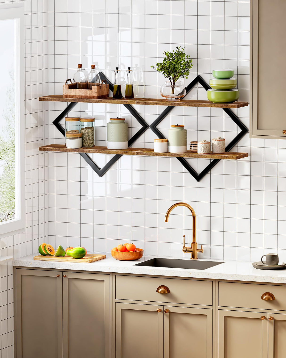 CHOEZON Floating Shelves, Set of 2 Wall Shelves, 2-Tier Hanging Shelves, Wall Shelf Set of 2, Wall Mounted Shelves, for Living Room, Bedroom, Kitchen, Office, Study, Rustic Brown TBJ01P2BF CHOEZON