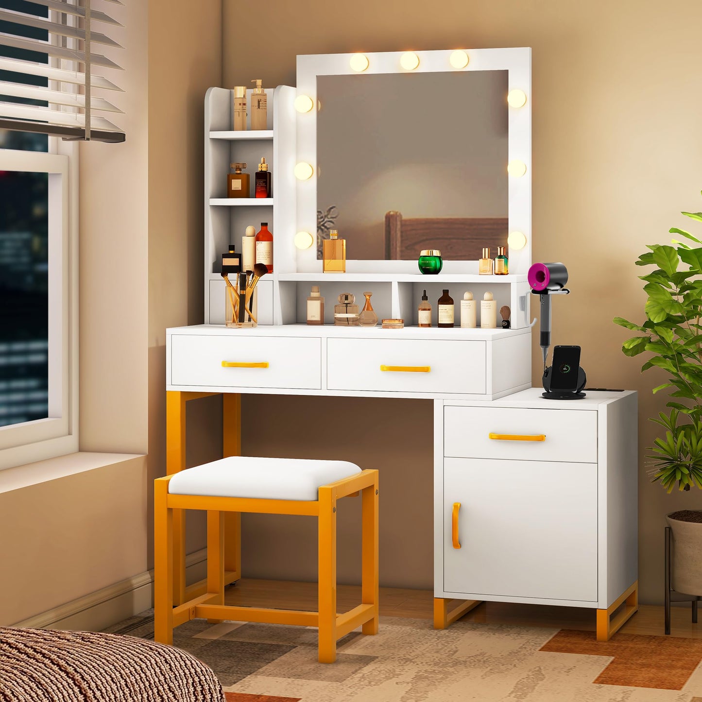 YITAHOME 41.3'' Vanity Desk with Mirror and Lights, Makeup Vanity with Drawers, Shelves, Cabinet, Power Outlet, Dressing Table Set with Stool, 3-Color Adjustable Lighting, Bedroom, Ivory White