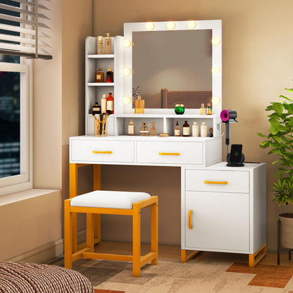 YITAHOME 41.3'' Vanity Desk with Mirror and Lights, Makeup Vanity with Drawers, Shelves, Cabinet, Power Outlet, Dressing Table Set with Stool, 3-Color Adjustable Lighting, Bedroom, Ivory White