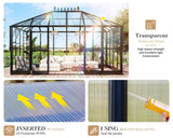 HOWE 14x9.5x9 FT Pavilion Styled Greenhouse with Clear Panels Double Swing Doors, 6 FT Wall Height Hybrid Polycarbonate Greenhouse, Green Houses for Outdoors, Sunroom Black HOWE