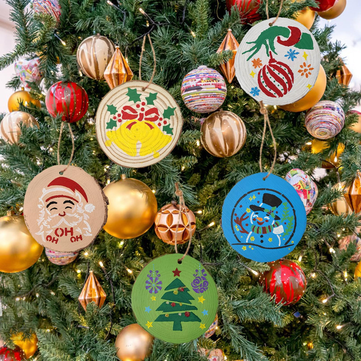 Wood Ornaments for Crafts, 20 Pcs Unfinished Wood Slice Predrilled with Hole Wooden Circles Christmas Craft Kits, Glow in The Dark DIY Ornament Decorating Art Kit with Xmas Painting Stencils Golabarell