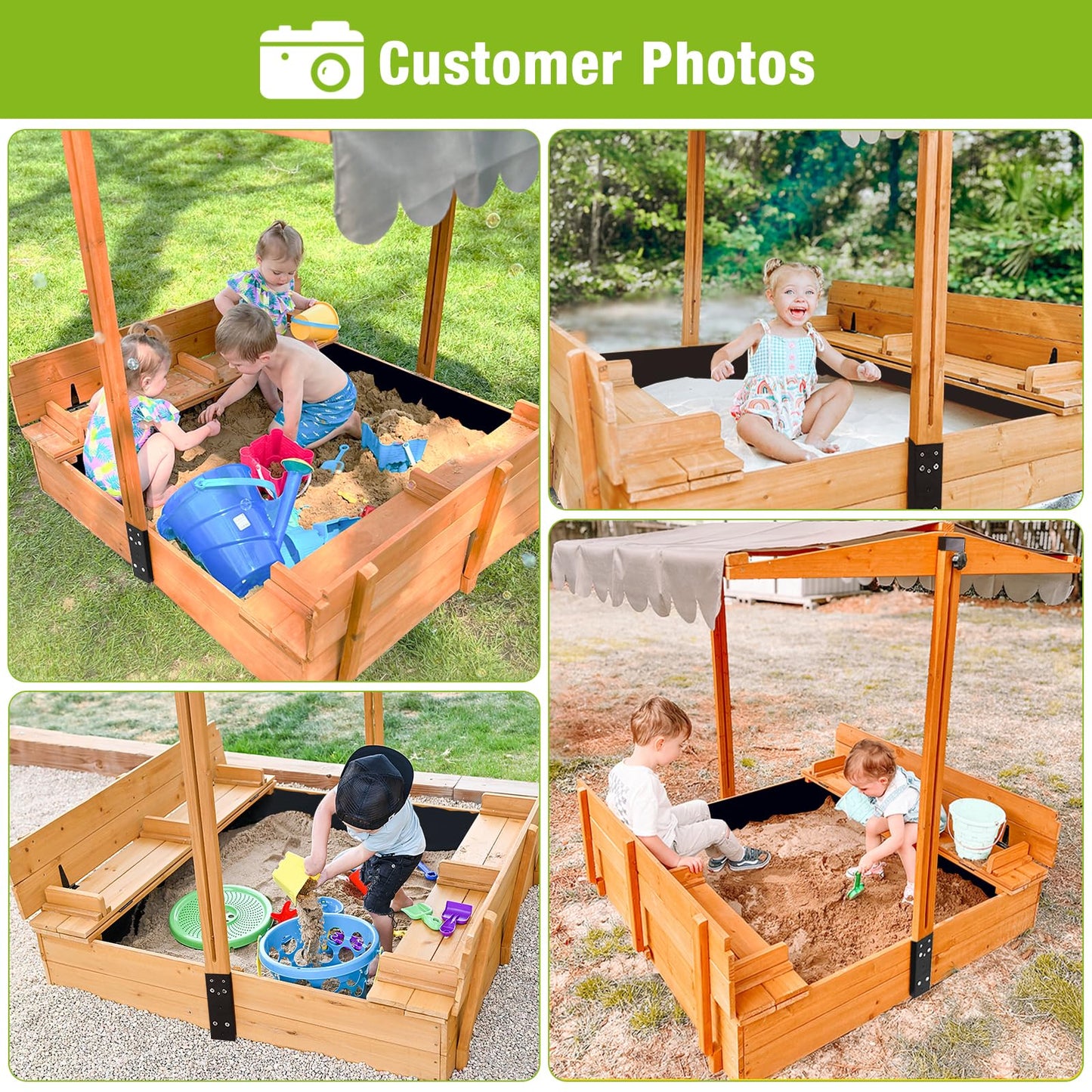 Kids Wooden Outdoor Sandbox w/Canopy, 2 Foldable Bench Seats, Retractable Roof Sand Protection Liner 47x47-Inch - WoodArtSupply