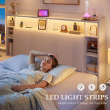 EnHomee King Size Bed Frame with 4 Storage Drawers, Upholstered Platform King Bed Frame with Headboard & LED Lights & Charging Station, Noise Free, No Box Spring Needed, Beige EnHomee