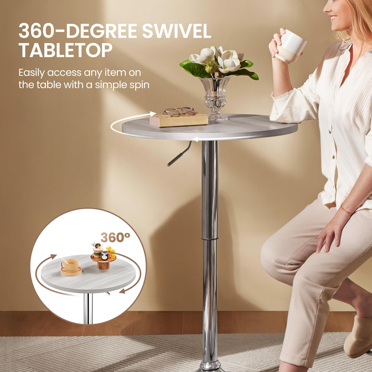 Yaheetech Round Bar Table, Adjustable Height and 360° Swivel Bar Tables, Cocktail Table with MDF Top, Silver Leg Base for Bar, Bistro, Café, Grey Yaheetech