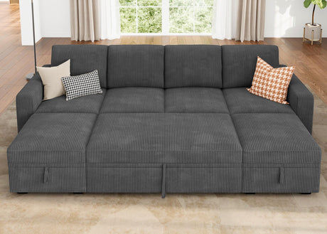 HONBAY Modular Sectional Sleeper Sofa Bed, Corduroy Pull Out Couch with Storage Ottoman, U Shaped Sectional Couches for Living Room, Dark Grey HONBAY