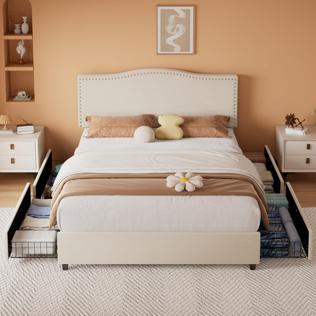 VECELO Queen Bed Frame, Platform Bed Frame with Underbed Storage Drawers and Adjustable Height Upholstered Headboard, Heavy-Duty Frame and Strong Wooden Slats Support, Noise-Free, Easy Assembly, Beige VECELO