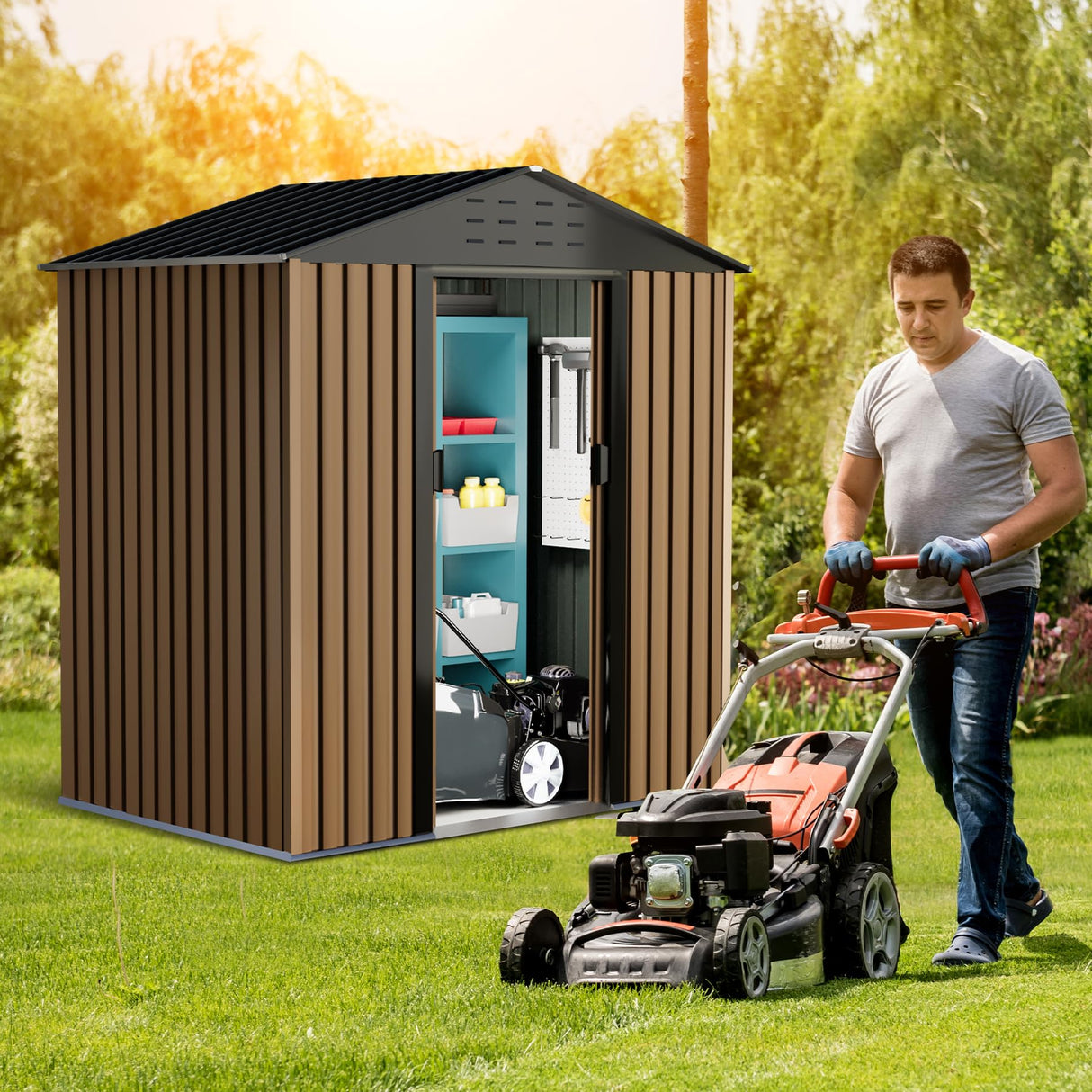 VerisShade Large Metal Storage Shed, 6 x 4 FT Outdoor Storage Shed, Metal Garden Tool Shed with Roof, Door & Lock, Waterproof and Anti-UV, for Patio Garden Yard, Brown VerisShade