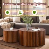 Handcraft Round Nesting Coffee Table - Chic Wave Stripe Edge, Modern Stylish Walnut Wooden Circle Fluted Center Table for Living Room (27.6in+19.7in) Generic