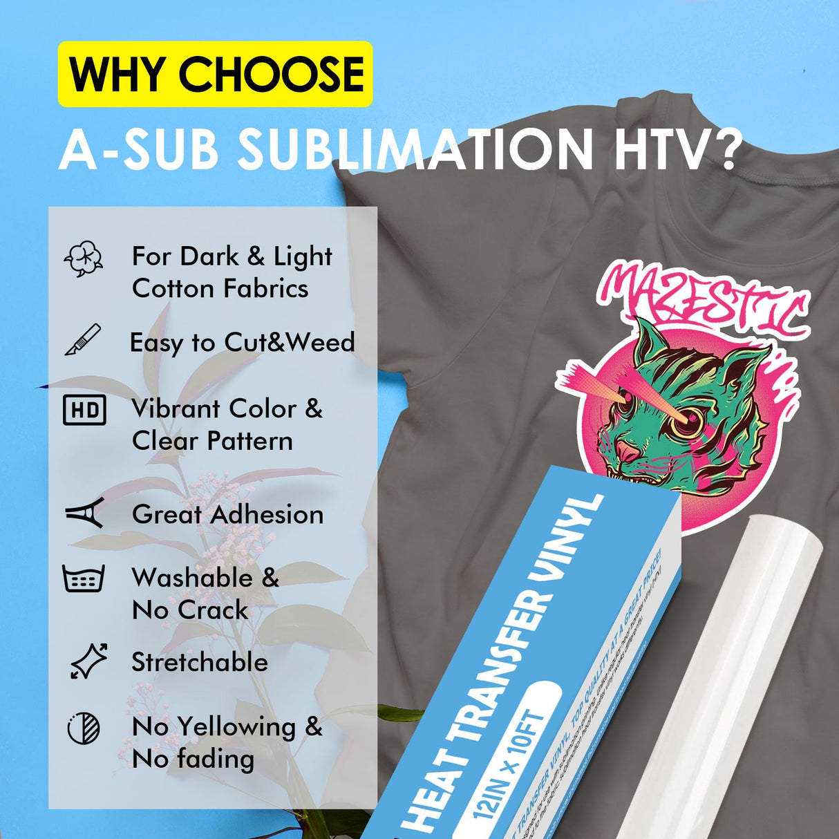 A-SUB Sublimation HTV for Dark and Light Fabric, 12" X 10FT Matte Sublimation Vinyl, White HTV Vinyl for Sublimation on Cotton Fabric - T-Shirt, Pillow, Bag A-SUB