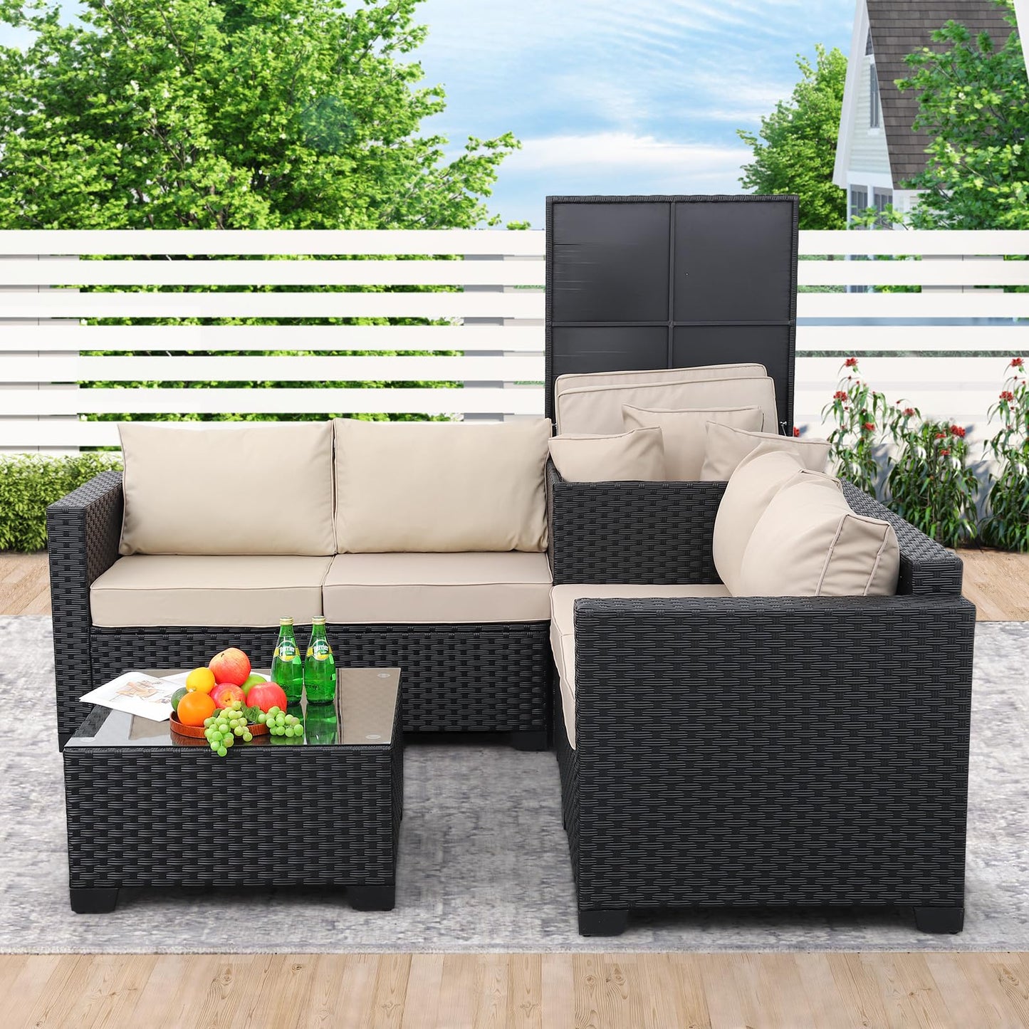 WAROOM Outdoor PE Wicker Patio Furniture Set 4 Piece Black Rattan Sectional Sofa Conversation Couch Sets with Storage Box Glass Top Table and Anti-Slip Khaki Cushion - WoodArtSupply