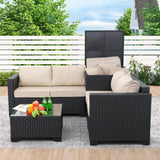 WAROOM Outdoor PE Wicker Patio Furniture Set 4 Piece Black Rattan Sectional Sofa Conversation Couch Sets with Storage Box Glass Top Table and Anti-Slip Khaki Cushion WAROOM