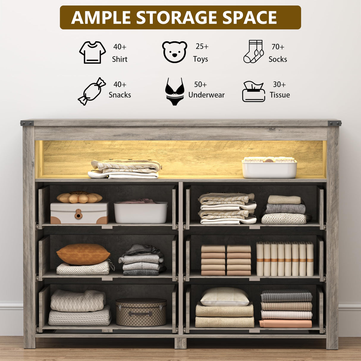 Dresser for Bedroom with 6 Drawers, Wide Chest of Drawers with LED Light and Power Outlet, Wooden Closet Organizer Clothes Storage Cabinet, Modern Double Dressers for Living Room, Hallway, Grey Xixini