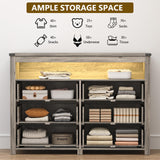 Dresser for Bedroom with 6 Drawers, Wide Chest of Drawers with LED Light and Power Outlet, Wooden Closet Organizer Clothes Storage Cabinet, Modern Double Dressers for Living Room, Hallway, Grey Xixini