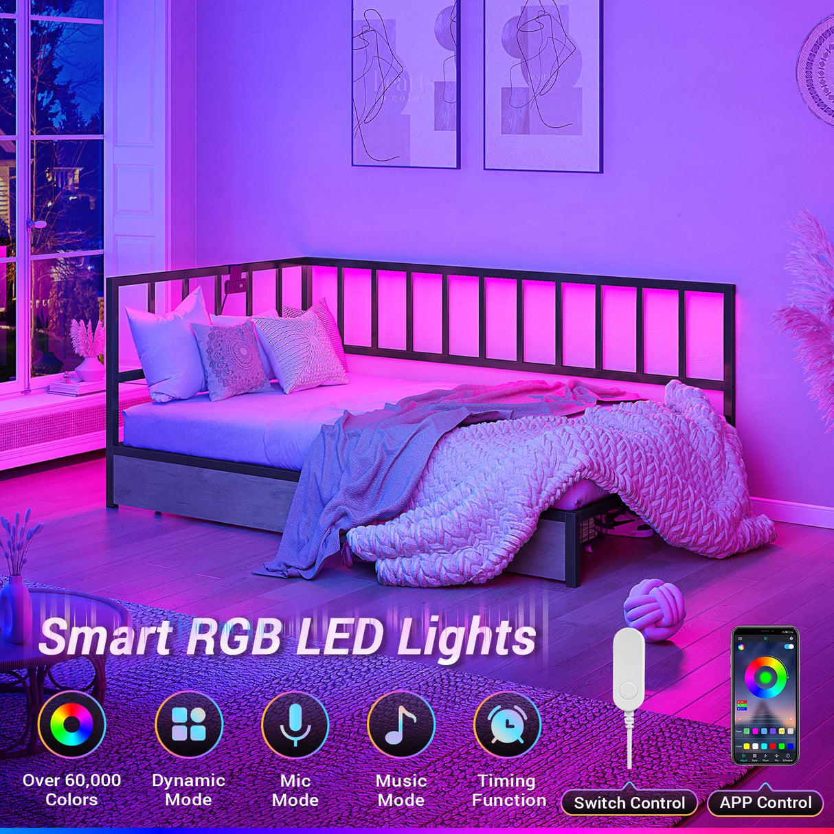 Hasuit Twin Corner Bed Frame with Storage Drawers, Twin Size Bed with Fence, Teenagers/Kids Bed Unit with Charging Station and LED Light, Black Modern Daybed Reversible Left or Right Hasuit