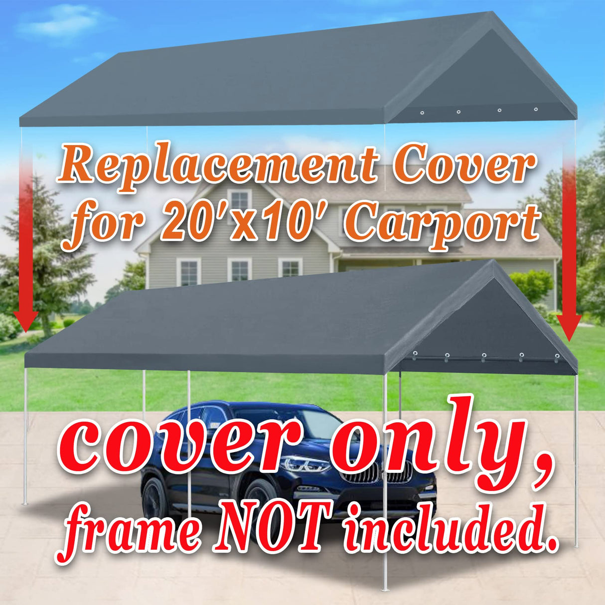 10' x 20' Upgraded Carport Canopy Top Replacement Cover for Car Garage Shelter Tent Party Tent with Ball Bungees 180g Heavy Duty Tarp (Only Cover, Frame is not Includ) (Grey, 10 x 20 ft) Strong Camel