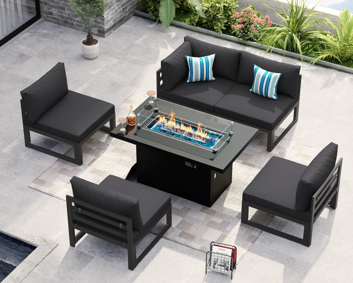 NICESOUL 5 Seat Oversized Modern Aluminum Patio Furniture Set, All Weather Rust Proof Modular Sectional Sofa with Fire Pit Table, 500 lbs Heavy Duty Comfortable Outdoor Couch for Backyard, Dark Gray NICESOUL