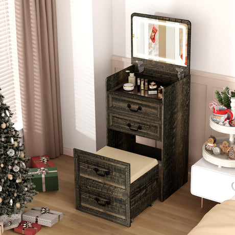 ChicFurnit Makeup Vanity, 3-in-1 Vanity Desk with Flip-Top Mirror, Hidden Stool & Visible Glass Desktop, Convertible Vanity Set with USB Charging Station, Open Shelf & 3-Color Lighting, Vintage Brown ChicFurnit