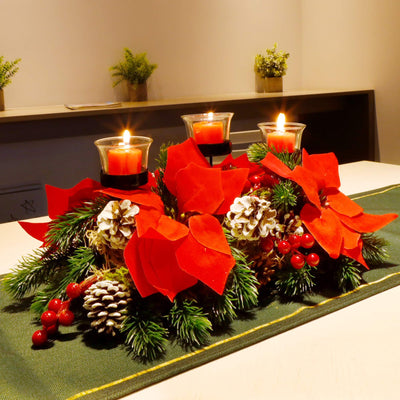FORUP Christmas Centerpiece with 3 Candle Holders - Poinsettia Tabletop Decor for Home Party Table Mantel