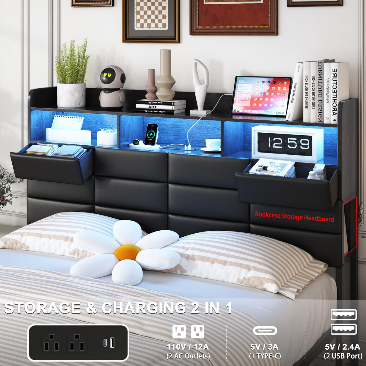 Etditrnp King Size Black Bed Frame with 2 Storage Drawers and Charging Station, Upholstered Bed Frame with PU Leather Headboard LED Lights, Metal Slats Support, No Box Spring Needed, Noise Free Etditrnp