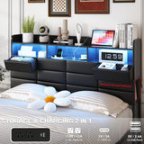 Etditrnp King Size Black Bed Frame with 2 Storage Drawers and Charging Station, Upholstered Bed Frame with PU Leather Headboard LED Lights, Metal Slats Support, No Box Spring Needed, Noise Free Etditrnp