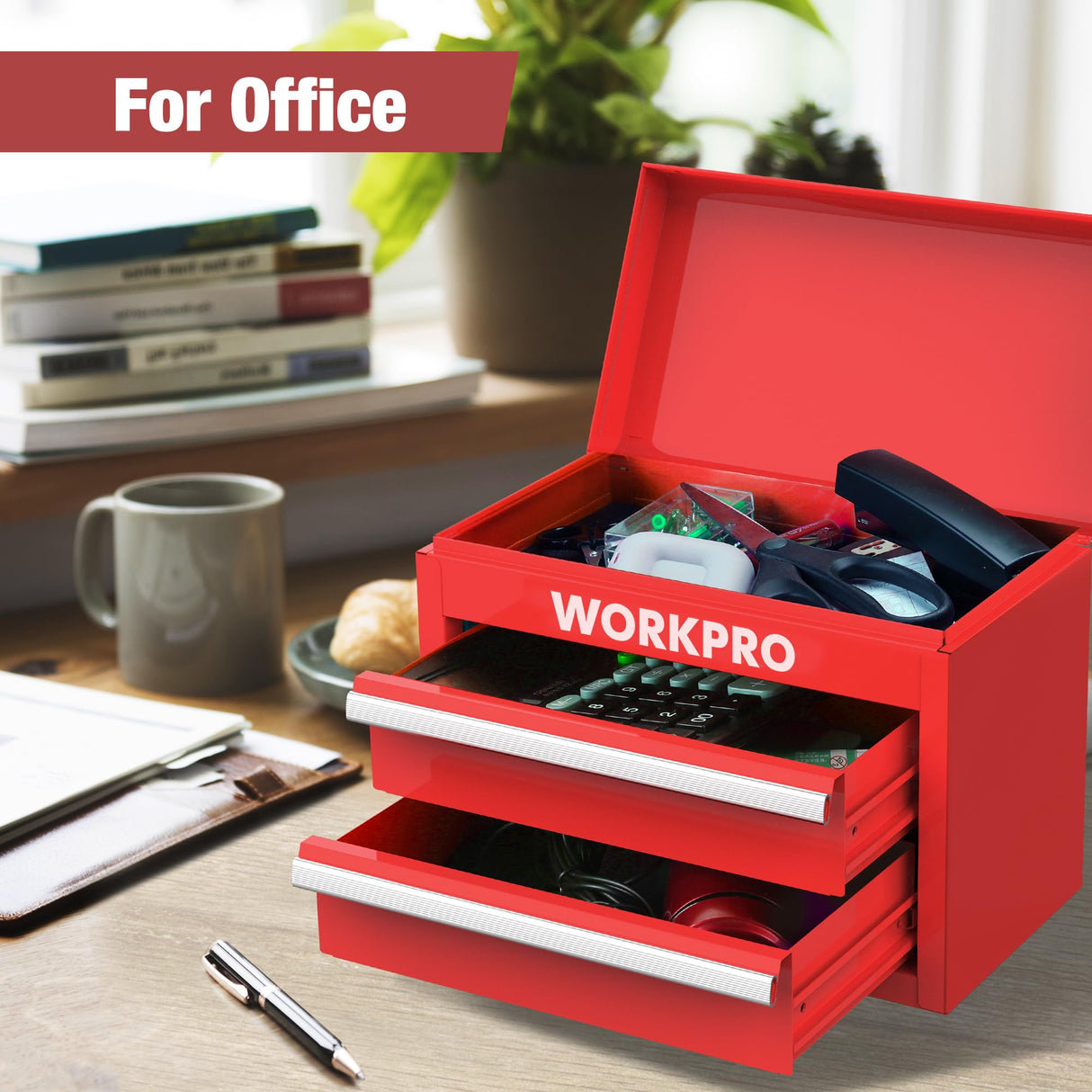 WORKPRO Mini Metal Tool Box with 2 Drawers and Top Storage, Small Tool Chest with PVC Liners and PP Feet Pads, Cold Rolled Steel Toolbox with Magnetic Tab WORKPRO