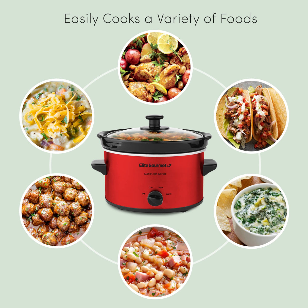 Elite Gourmet MST-275XR# Electric Oval Slow Cooker, Adjustable Temp, Entrees, Sauces, Stews & Dips, Dishwasher Safe Glass Lid & Crock (2 Quart, Metallic Red) Elite Gourmet