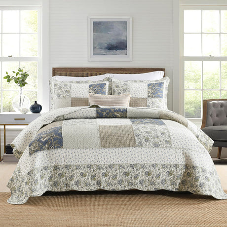 Yvooxny Quilt Set King Size Reversible Country Farmhouse Floral Real Patchwork Quilted Bedspread 3-Piece Quilt Set with Pillowcases with Ruffles for All Seasons, 96 x 108 Inches Yvooxny