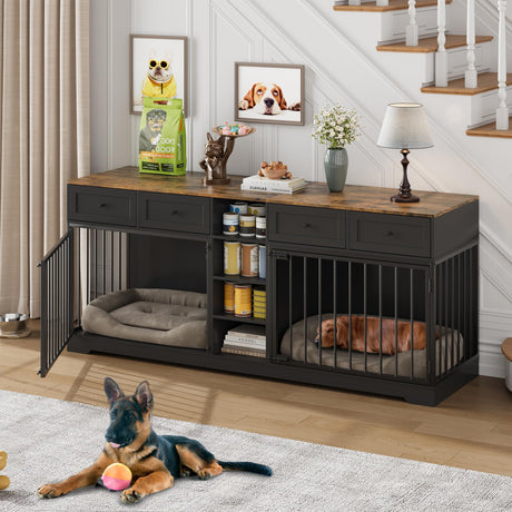 IDEALHOUSE 82” Large Dog Crate for 2 Dogs, Dog Kennel Indoor with 4 Drawers and Shelves, Double Dog Crate Furniture TV Stand, Wooden Dog Cage for Medium Large Dogs, Black IDEALHOUSE