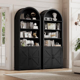 Vividwood 6-Tier Farmhouse Arched Bookshelf Bookcase with Doors, 70" Tall Storage Cabinet and Display Shelves, Open Shelves for Living Room or Office, Black Vividwood