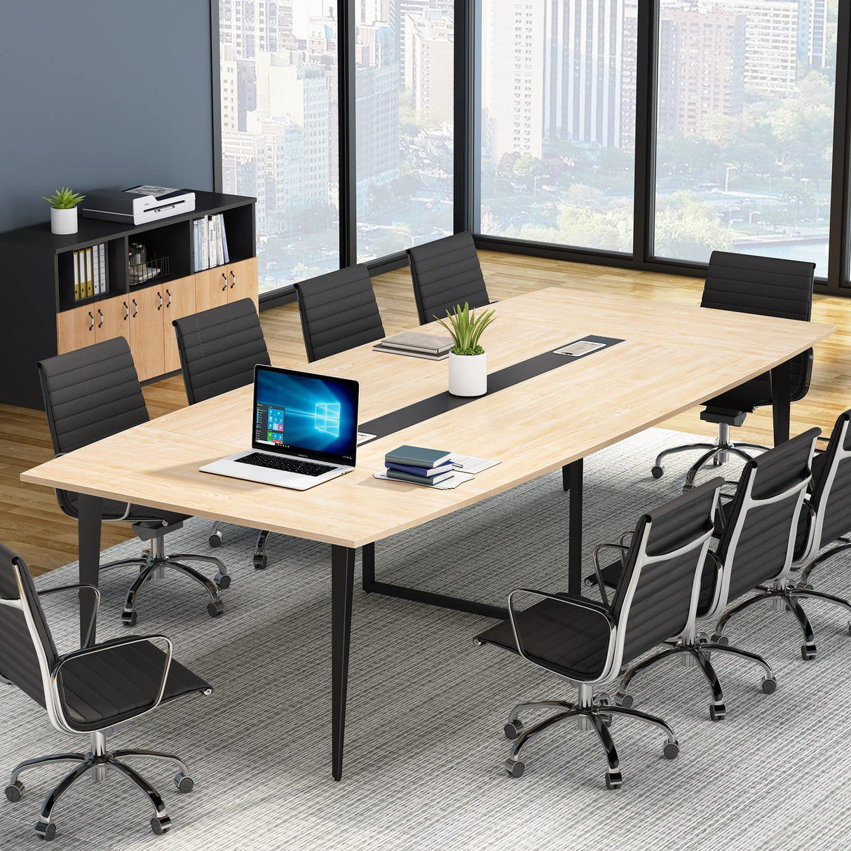 Tribesigns 8FT Conference Table, 94.48L x 47.24W x 29.52H Inches Large Boat Shaped Meeting Seminar Table with Cable Grommets, Modern Conference Room Table for Office (Light Wood Grain, 8ft) Tribesigns
