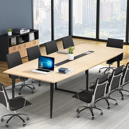 Tribesigns 8FT Conference Table, 94.48L x 47.24W x 29.52H Inches Large Boat Shaped Meeting Seminar Table with Cable Grommets, Modern Conference Room Table for Office (Light Wood Grain, 8ft) - WoodArtSupply