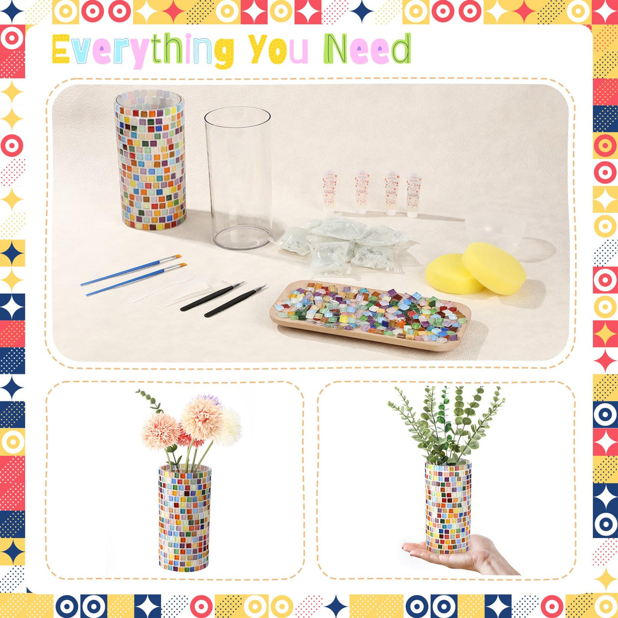 LemonRoad 2 Set DIY Mosaic Vase Kit Gifts for Adults Acrylic Cylinder Vases Arts and Crafts Kit with Complete Craft Accessories Supplies for Handmade Home Decor Painting Mosaic Lovers Birthday Gifts LemonRoad