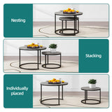 HOJINLINERO Nesting Round Coffee Table Set of 2 End Tables for Living Room,Grey Coffee Table Wooden Accent Furniture with Metal Frame,Stacking Side Tables,Black+Warm Grey HOJINLINERO