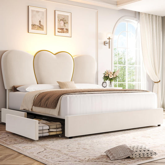 HITHOS Luxurious Beige Queen LED Bed Frame with Storage Drawers and Heart-Shaped Headboard - WoodArtSupply