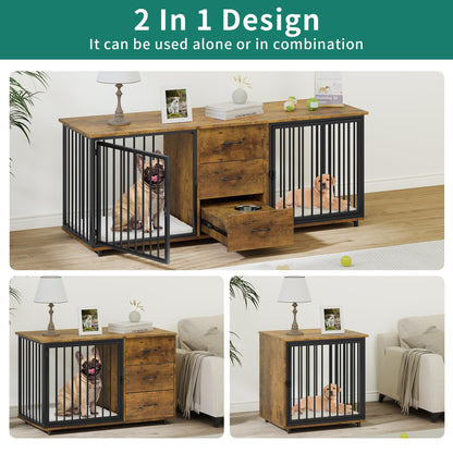 YITAHOME 74" Double Dog Crate Furniture with 2 Feeder Bowls, Wooden Dog Kennel TV Stand with Room Divider for 2 Large Medium Small Dogs, Rustic Brown