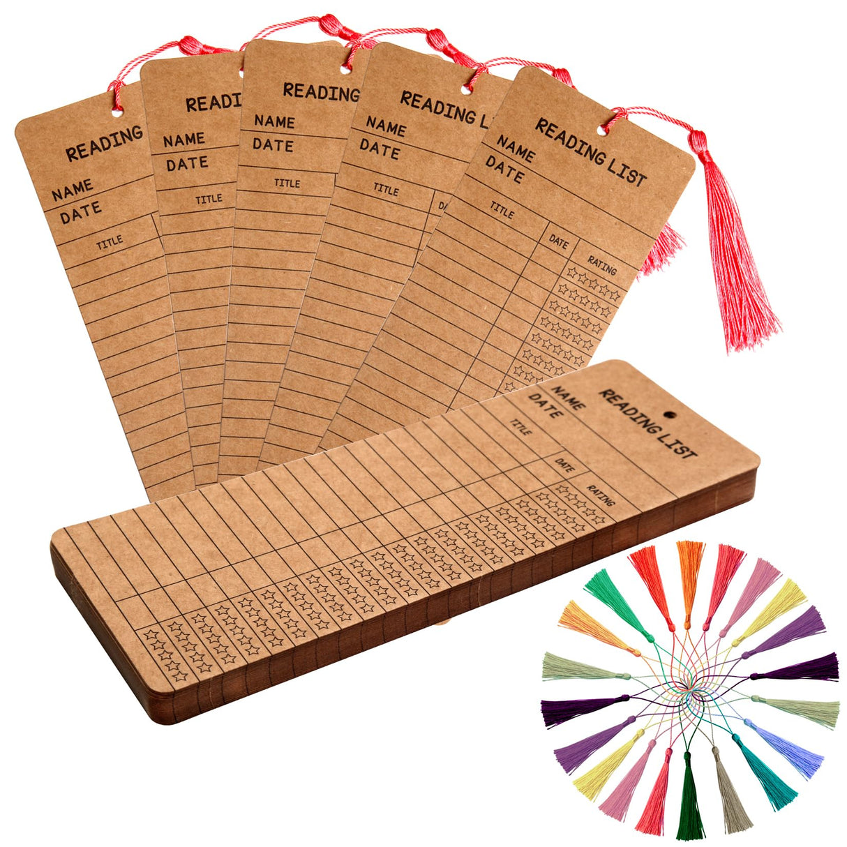 50 Pieces Reading List Bookmark with Tassels, 3 x 8 Inch Personal Libraries Cards 50 Pieces Tassels,Tracker Bookmarks Bookshelf Design Library Card Bookmark Reading Log Bookmark (Brown) KaloTidy