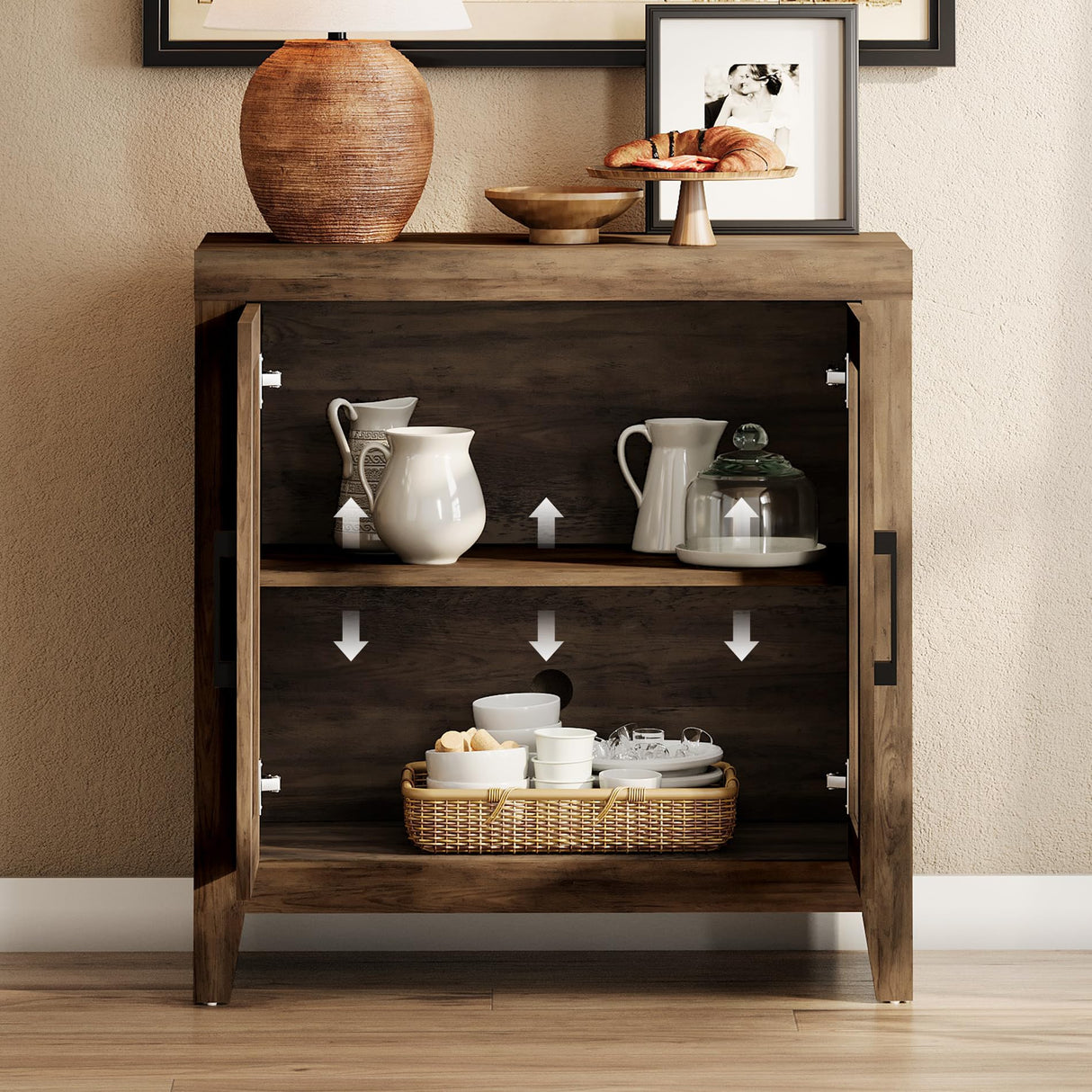 WAMPAT Farmhouse TV Stand for TVs up to 85 Inch, Rustic Wood Entertainment Center & Media Console with 6 Storage Doors, Accent Cabinet for Living Room, Hallway, Rustic Brown WAMPAT