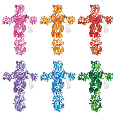 Cross Diamond Art Painting Bookmarks - 6 PCS Colorful Bow Design Bookmarks Kit with Tassel DIY Coquettte Gem Art Craft Christmas New Year Religions Birthday Gift for Reading Lovers