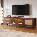 Merax Rattan TV Stand with LED Lights, 70" Entertainment Center with 3 Cabinets & 2 Drawers Media Console Table for TVs Up to 80", Solid Wood Feet, Living Room, Bedroom Furniture Merax