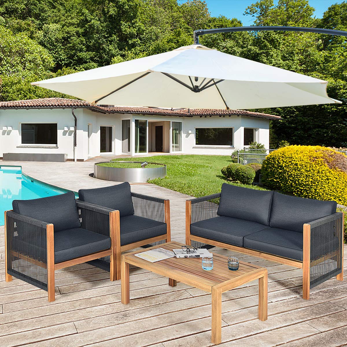 Tangkula Outdoor Wood Furniture Set, Acacia Frame Loveseat Sofa, 2 Single Chairs and Coffee Table, 4 Pieces Conversation Set with Cushions, Garden Balcony Poolside Living (1, Grey) - WoodArtSupply