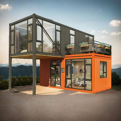 2 Room Double Story Container House Prefab Tiny Home to Live in for Adults Mini Foldable Mobile Home Modular Guest Homes kit casas prefabricadas para Vivir with Water & Electricity Terrace